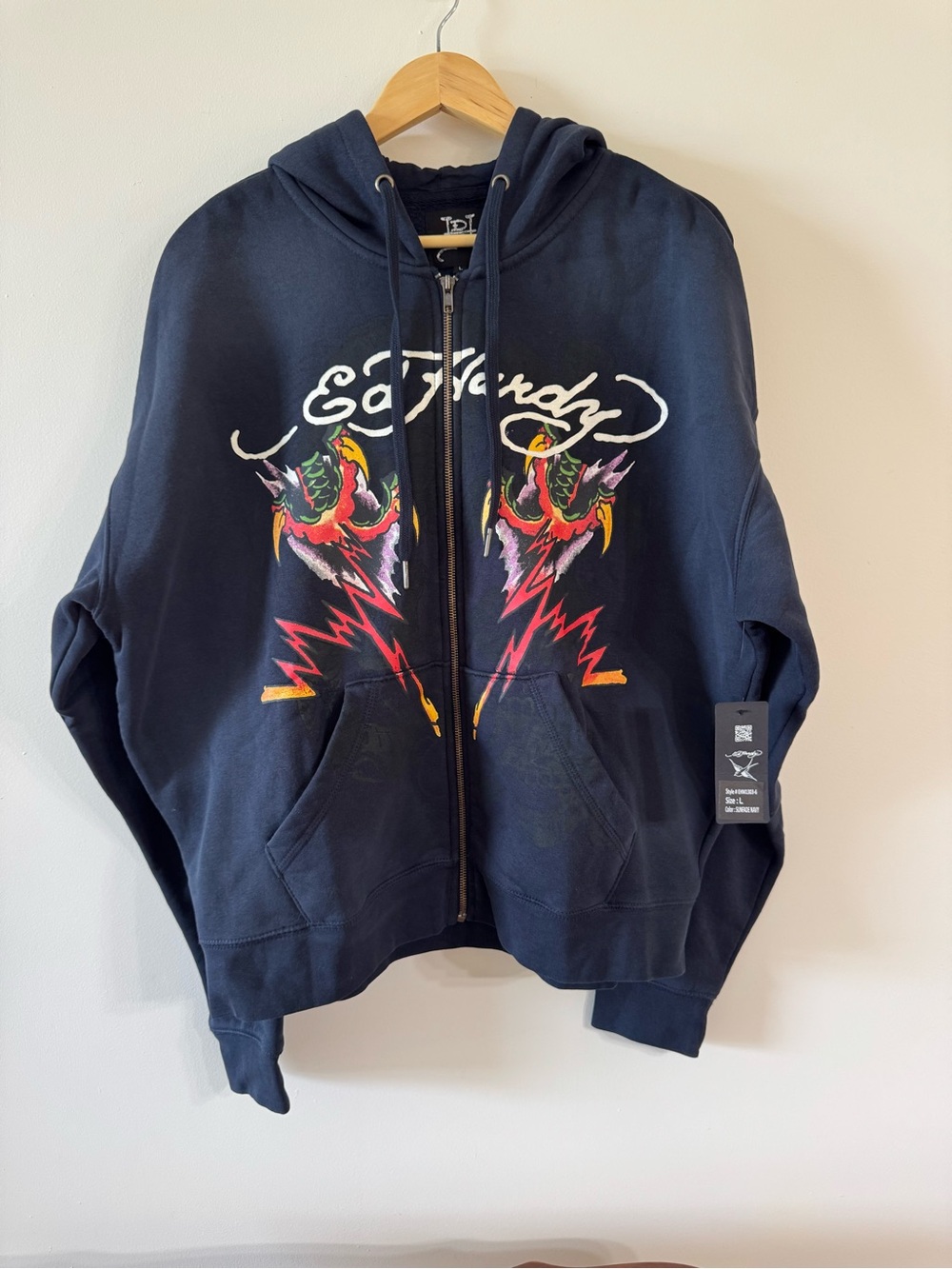 Ed Hardy Mens Large Full Zip Hoodie Sweatshirt Black Dragon Lightning Tattoo NWT